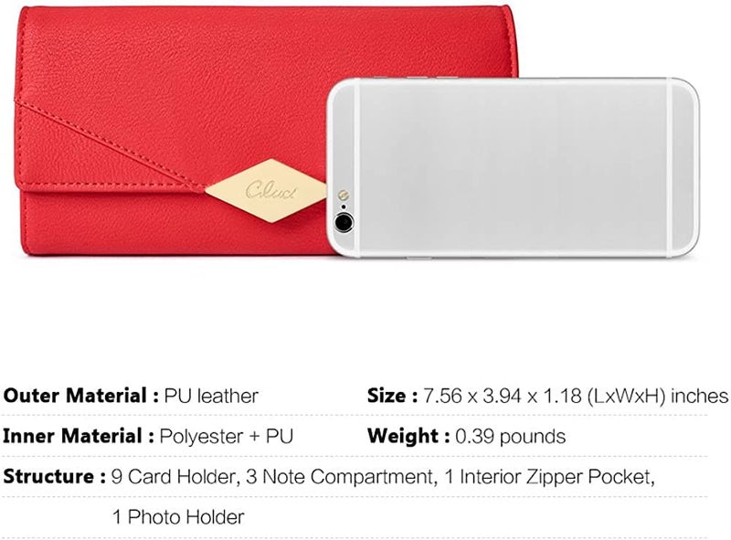 CLUCI Women Wallet Soft Leather Designer Trifold Multi Card Organizer Lady Clutch Red - Image 3